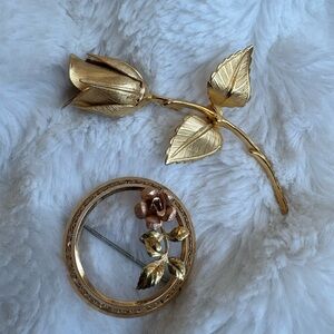 Vintage Lot  2 Krementz & Giovanni Rose Brooches Gold Filled Filigree Signed